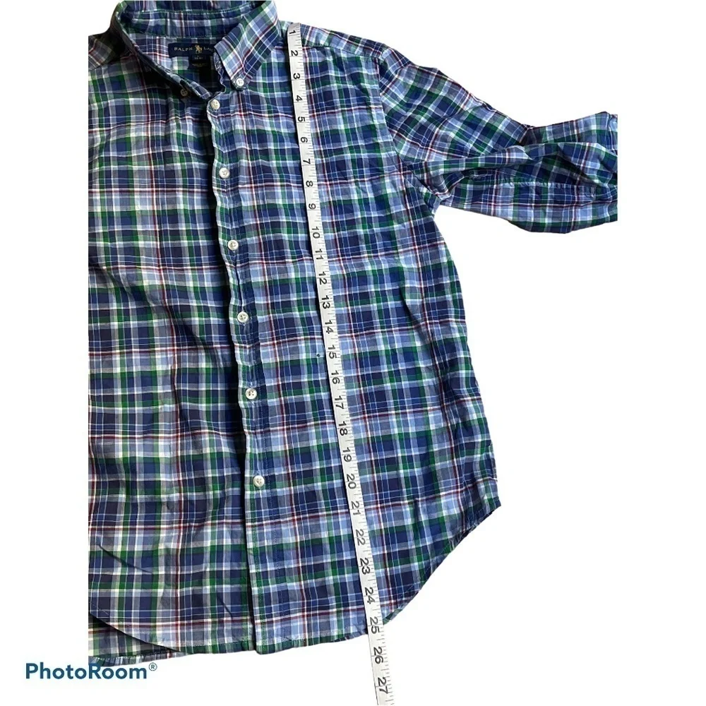 Ralph Lauren Boys Blue Green Plaid Button Down Shirt Size L 14–16 Preppy